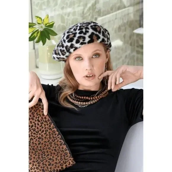 Ruggine Jacquard Knitted Faux Leopard Print French Beret‎ - Picture 8 of 8